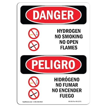 Signmission OSHA Sign, Hydrogen No Smoking No Open Flames Bilingual, 18in X 12in Decal, 12" W, 18" L, Spanish OS-DS-D-1218-VS-1371